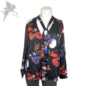 MATTY M Floral tie neck split sleeve blouse